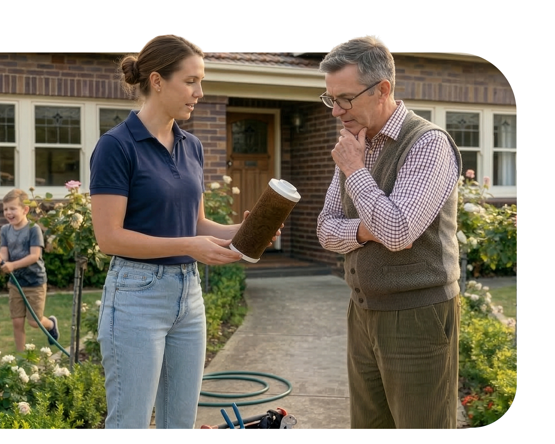 Service technician holding a filter while speaking to a man in his front yard.