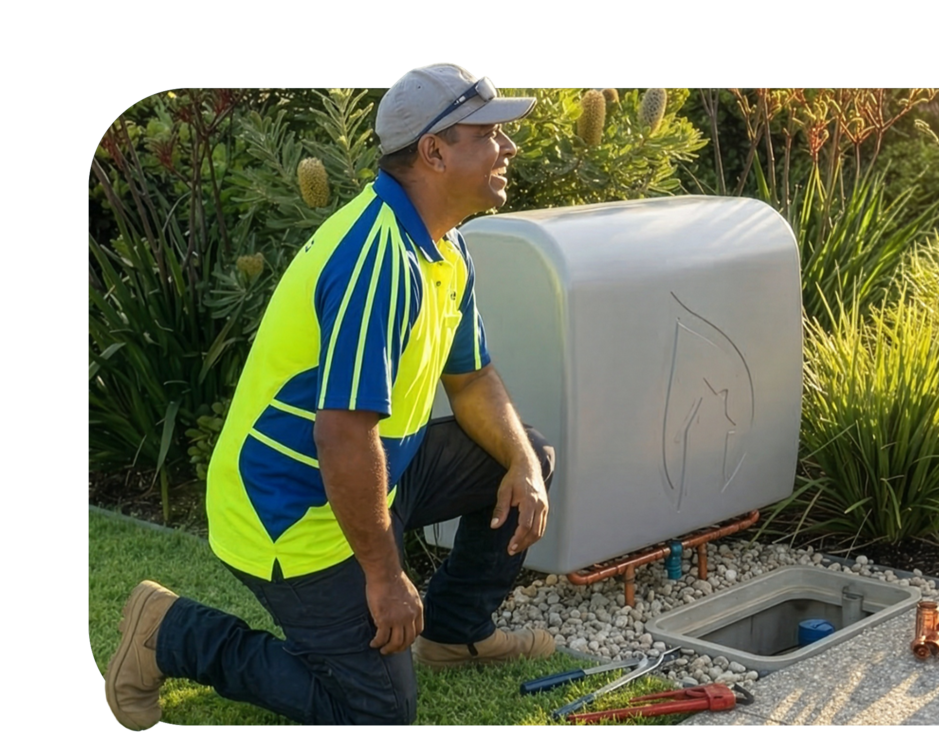 Technician smiling while kneeling next to a water filtration unit
