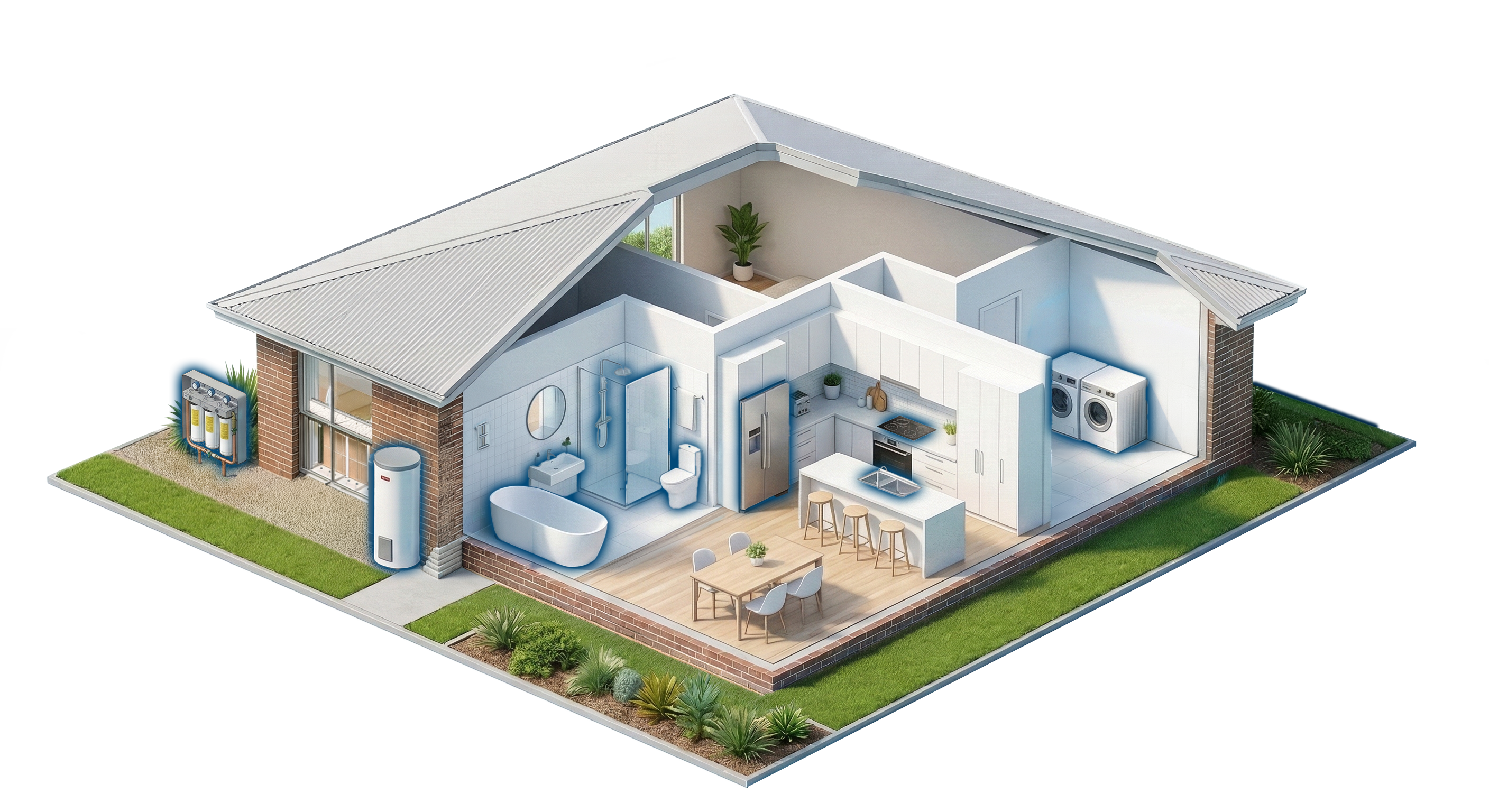 Graphic highlighting the parts of a house affected by a whole-home water filtration system
